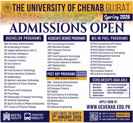 Admission notice for The University of Chenab, Gujrat